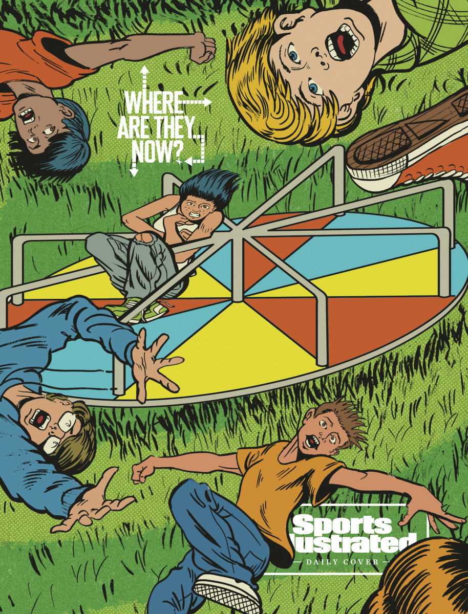 Illustration of kids flying off a spinner